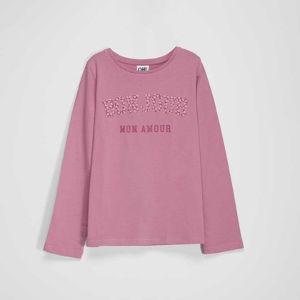 Camiseta manga larga Bonjour rosa niña