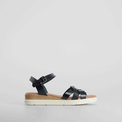 Sandalia cuña baja piel negra SENDA ROAD