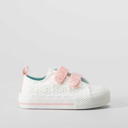 Zapatilla lona bordada blanca y rosa BACHE